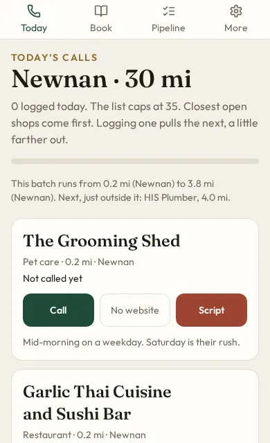 Field Book on a phone: today's call list for Newnan, with call, website gap, and script buttons for each business.