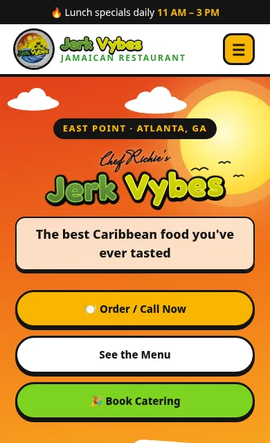The Jerk Vybes home page on a phone, with order, menu, and catering buttons.