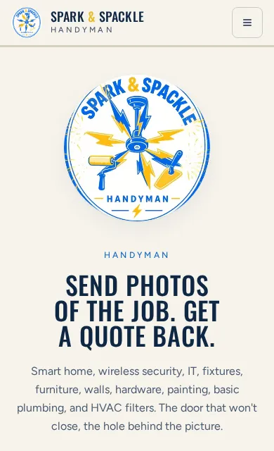 The Spark & Spackle Handyman home page on a phone, with the request a quote button.